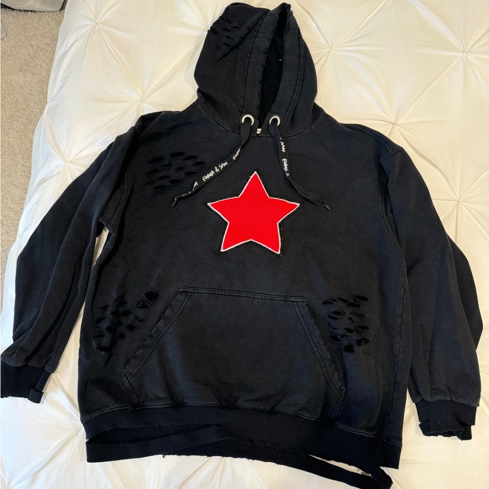 Distressed Black Hoodie with Red Star from Emma & Sam
